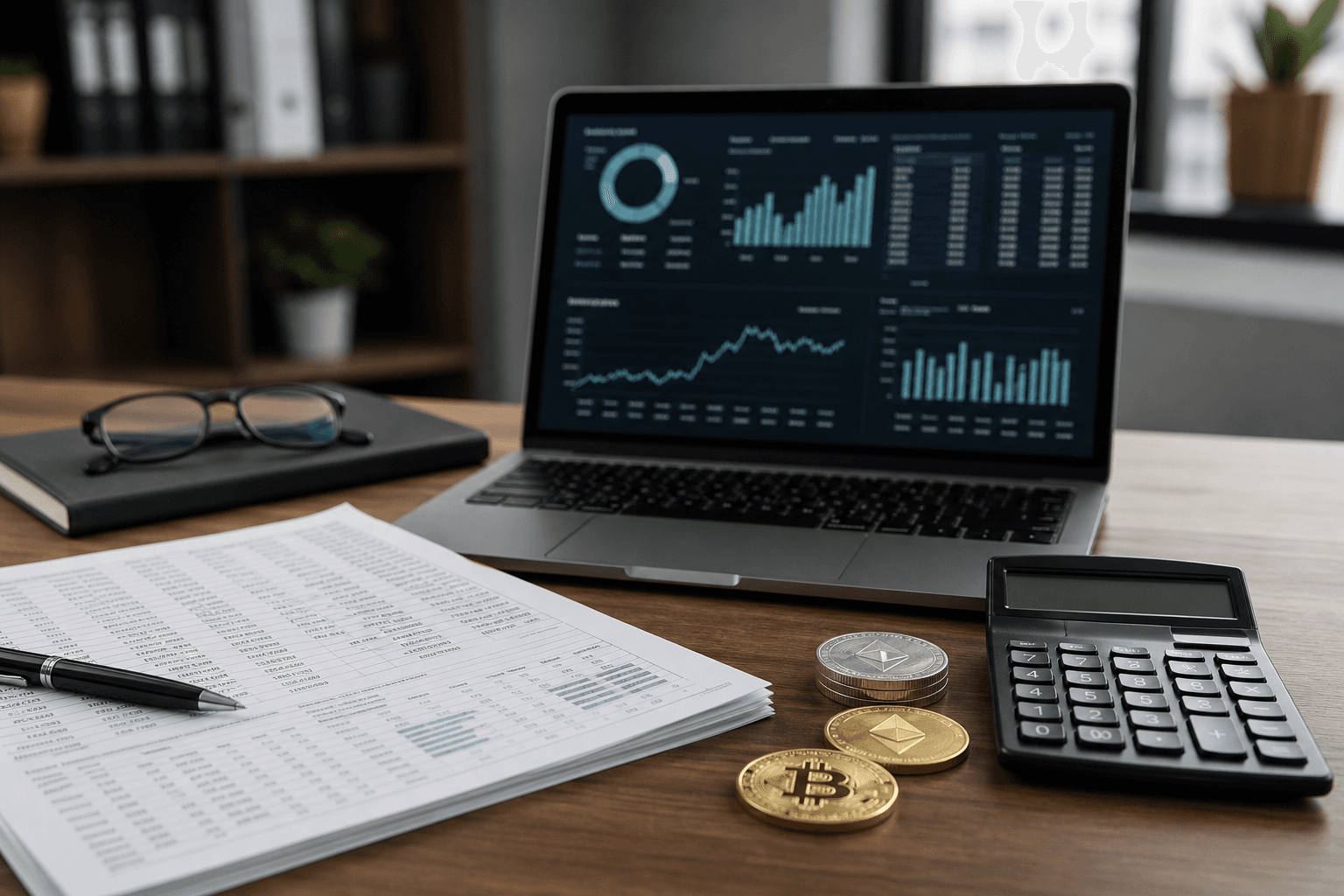An accountant's workspace with a reconciliation dashboard on a laptop, a printed ledger, a calculator, and a few stacked crypto coins
