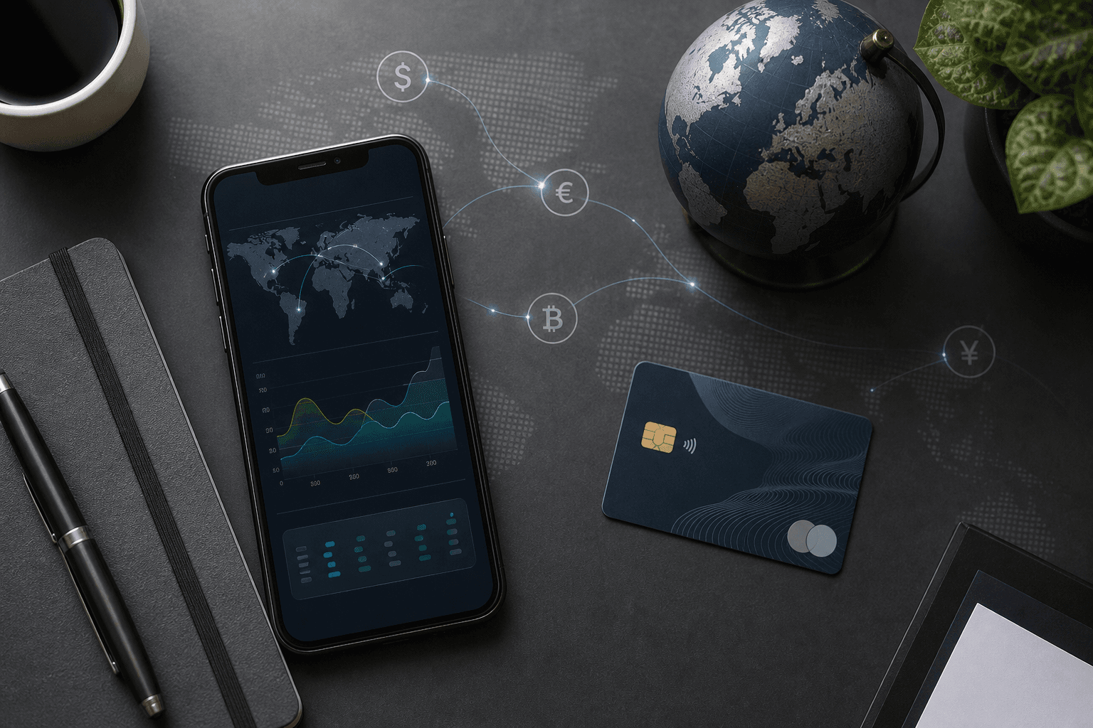 Overhead flat-lay of a phone showing a payment-settlement dashboard, a bank card, and a small globe with currency symbols connected by flowing lines