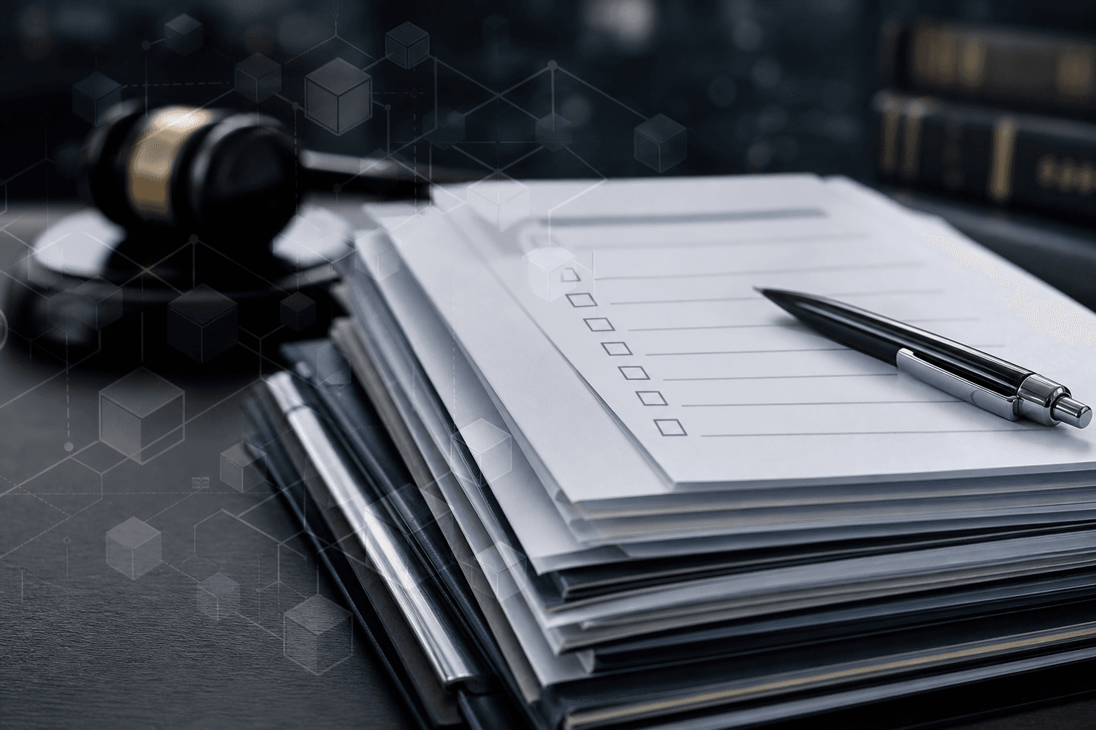 A neat stack of formal compliance documents with a checklist and pen, with a gavel and faint blockchain cube motif in the background
