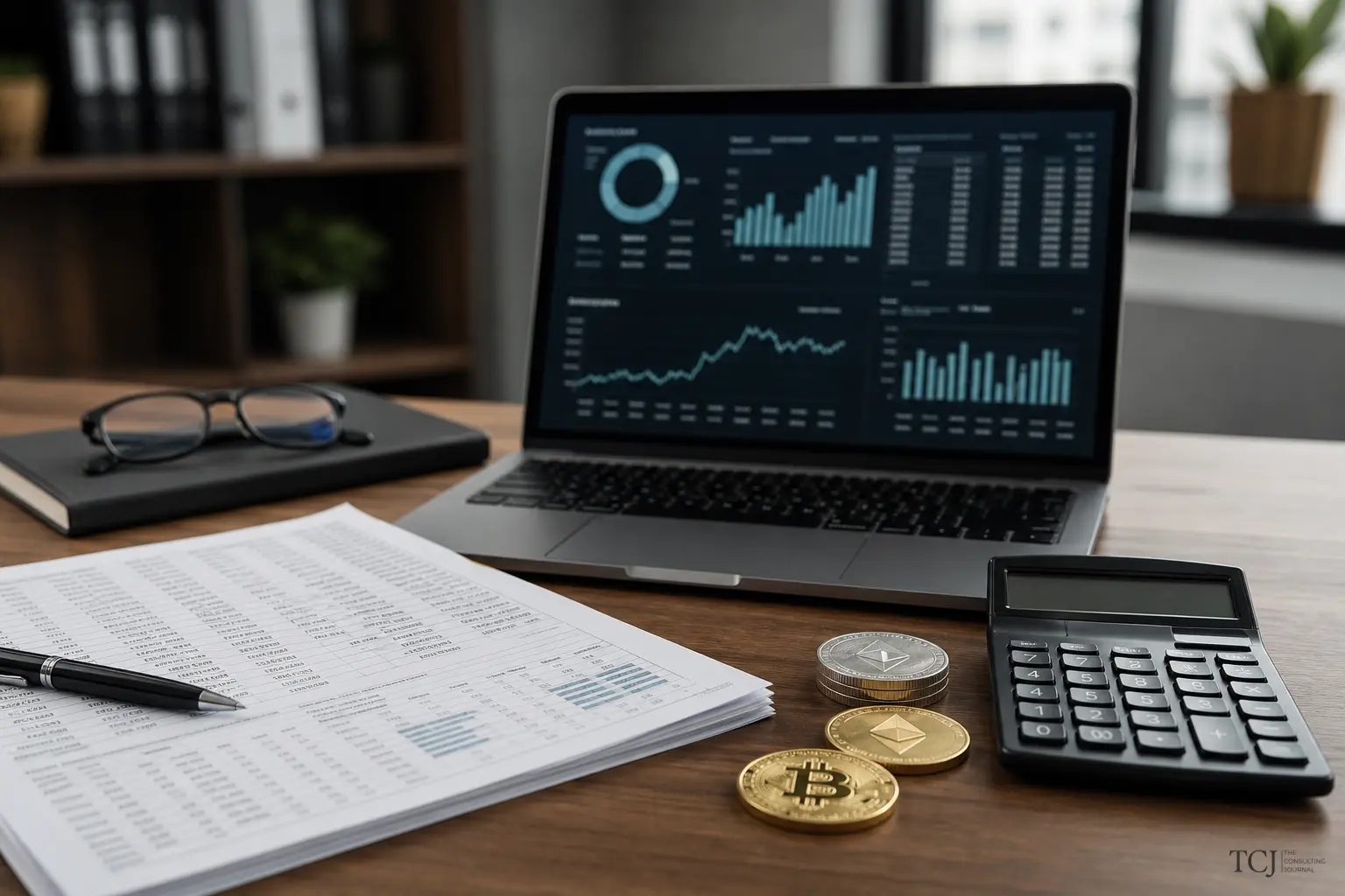 An accountant's workspace with a reconciliation dashboard on a laptop, a printed ledger, a calculator, and a few stacked crypto coins