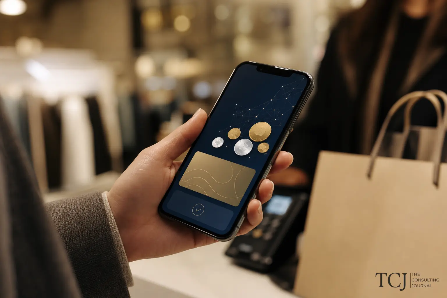 A smartphone displaying a clean digital loyalty wallet with reward tokens, held by a customer in a boutique store