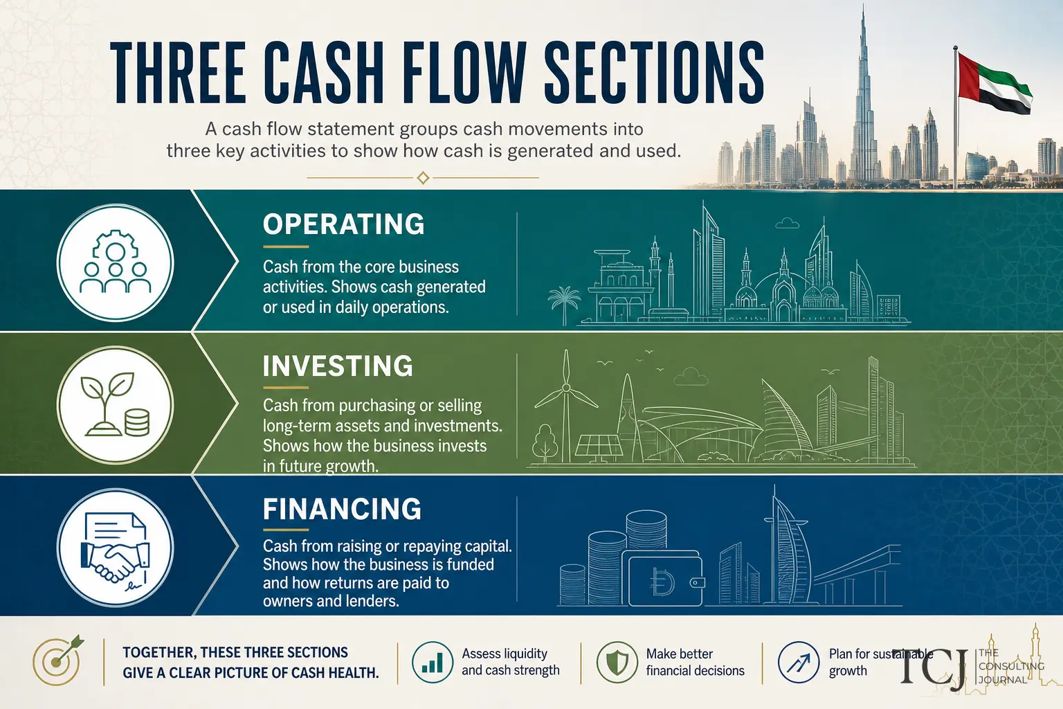 Diagram reconciling net profit to operating cash flow through depreciation and working capital changes