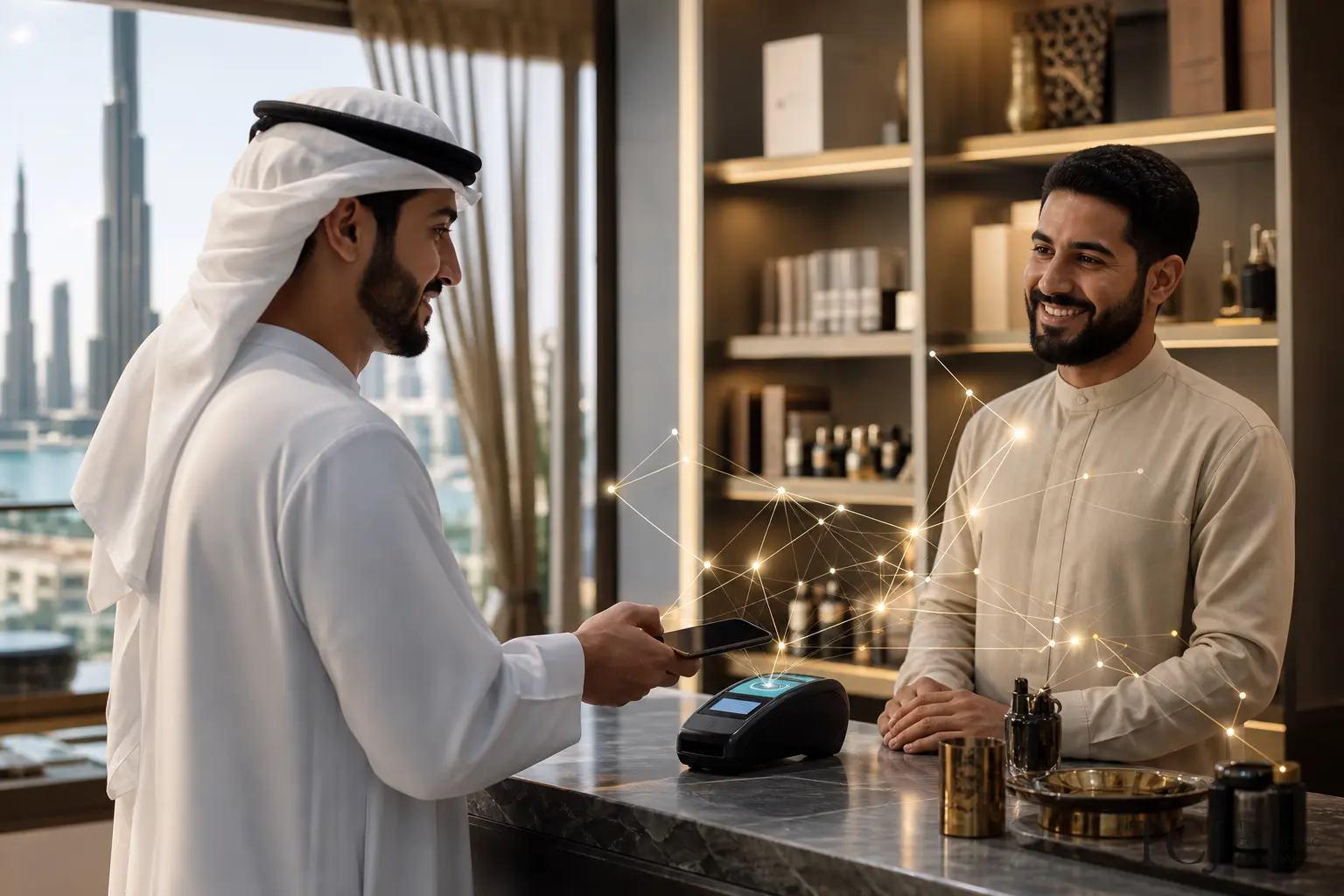 A customer taps a smartphone on a payment terminal at a boutique counter in Dubai, with a subtle digital network motif representing a blockchain loyalty program