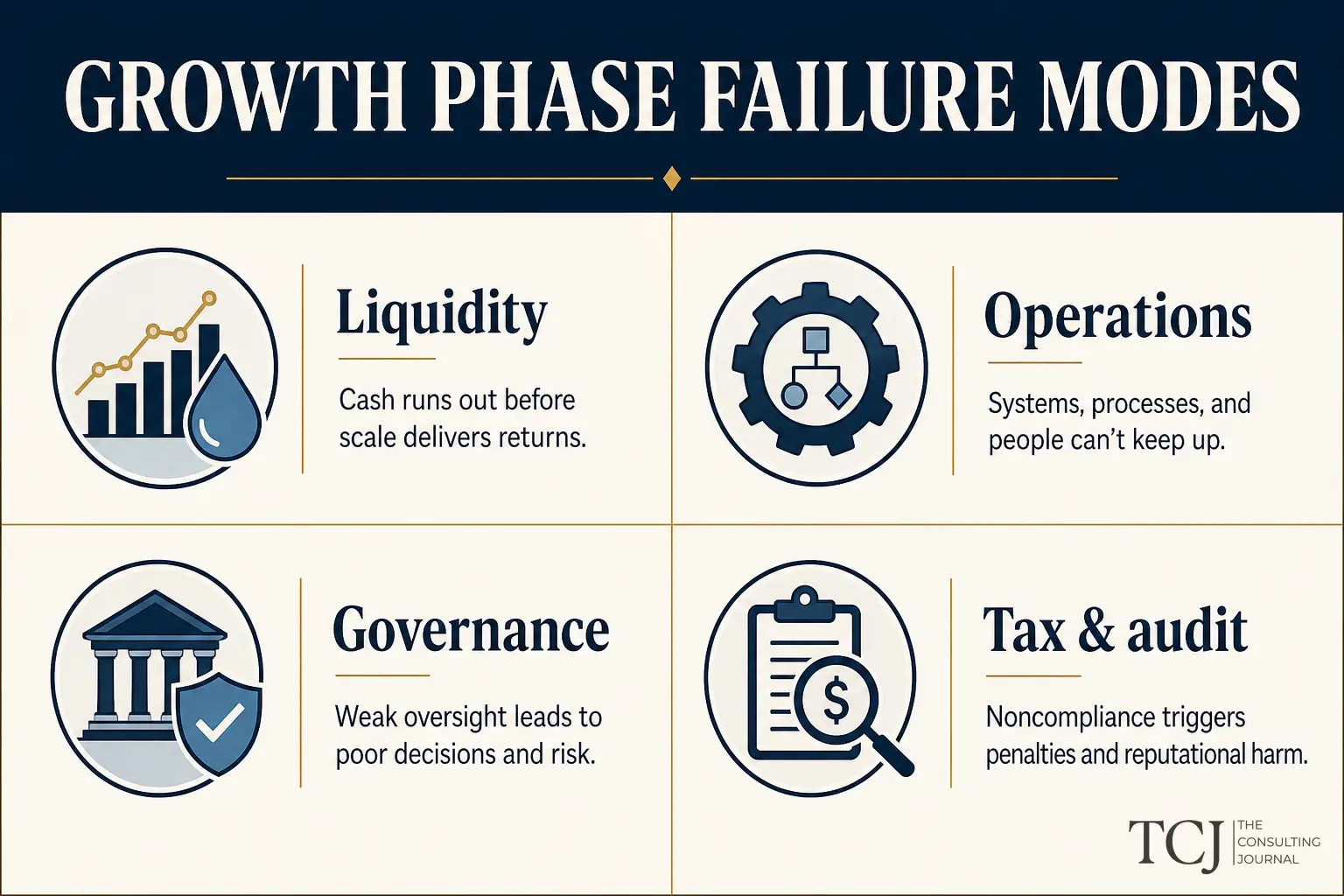 Flow diagram of five growth failure modes from cash timing through margin erosion to compliance debt
