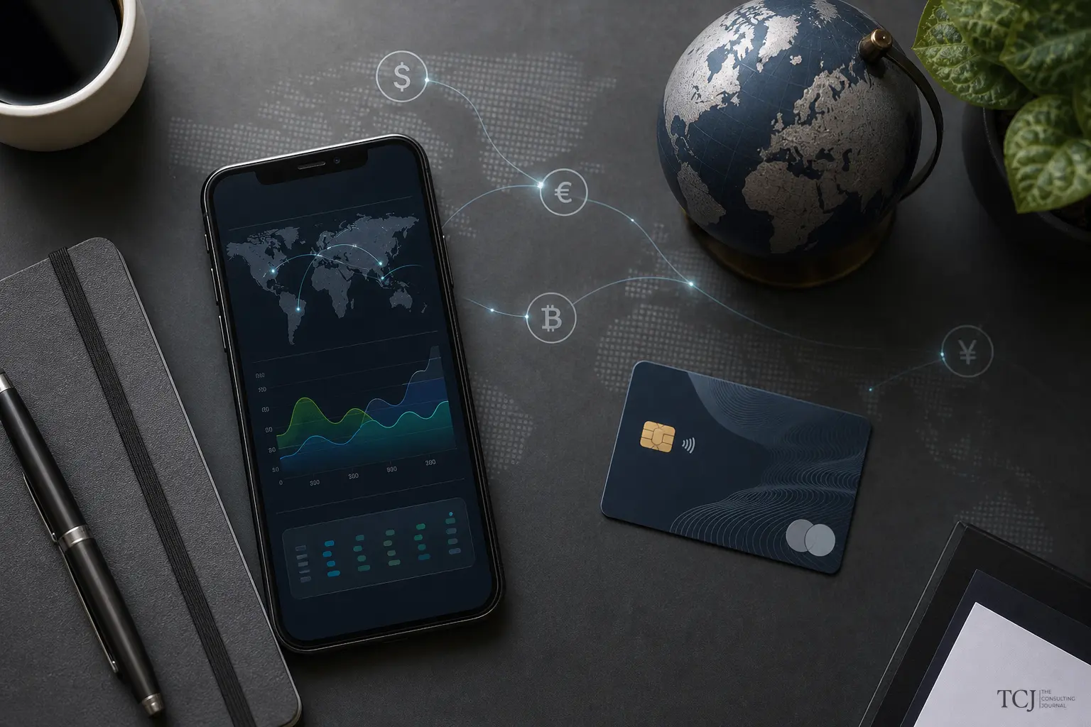 Overhead flat-lay of a phone showing a payment-settlement dashboard, a bank card, and a small globe with currency symbols connected by flowing lines